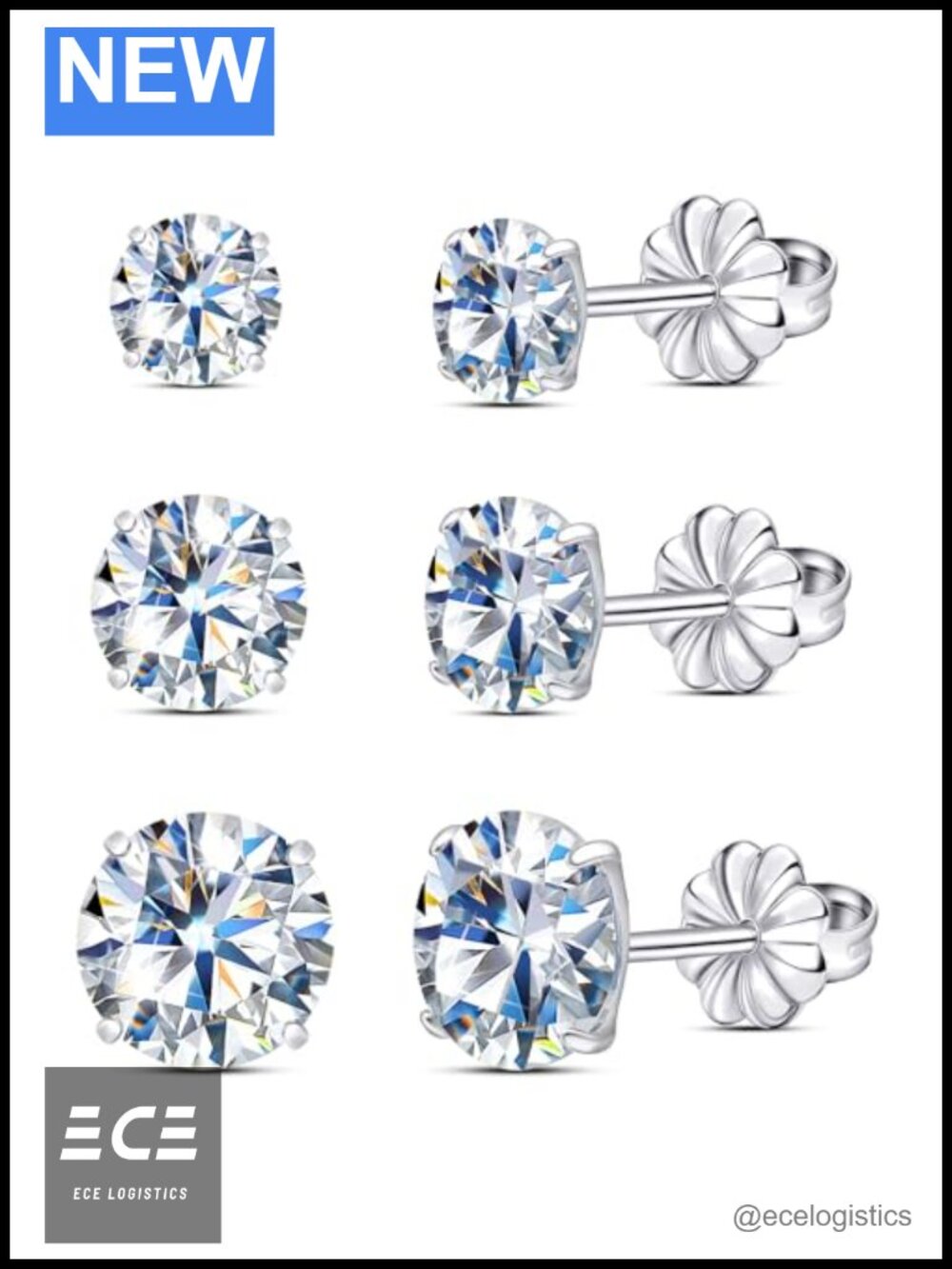 Moissanite Stud Earrings Titanium Screw Back Hypoallergenic 3 Pairs